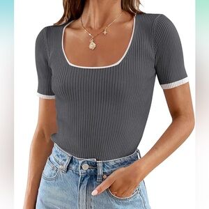 Short Sleeve Grey Ribbed Knit Top